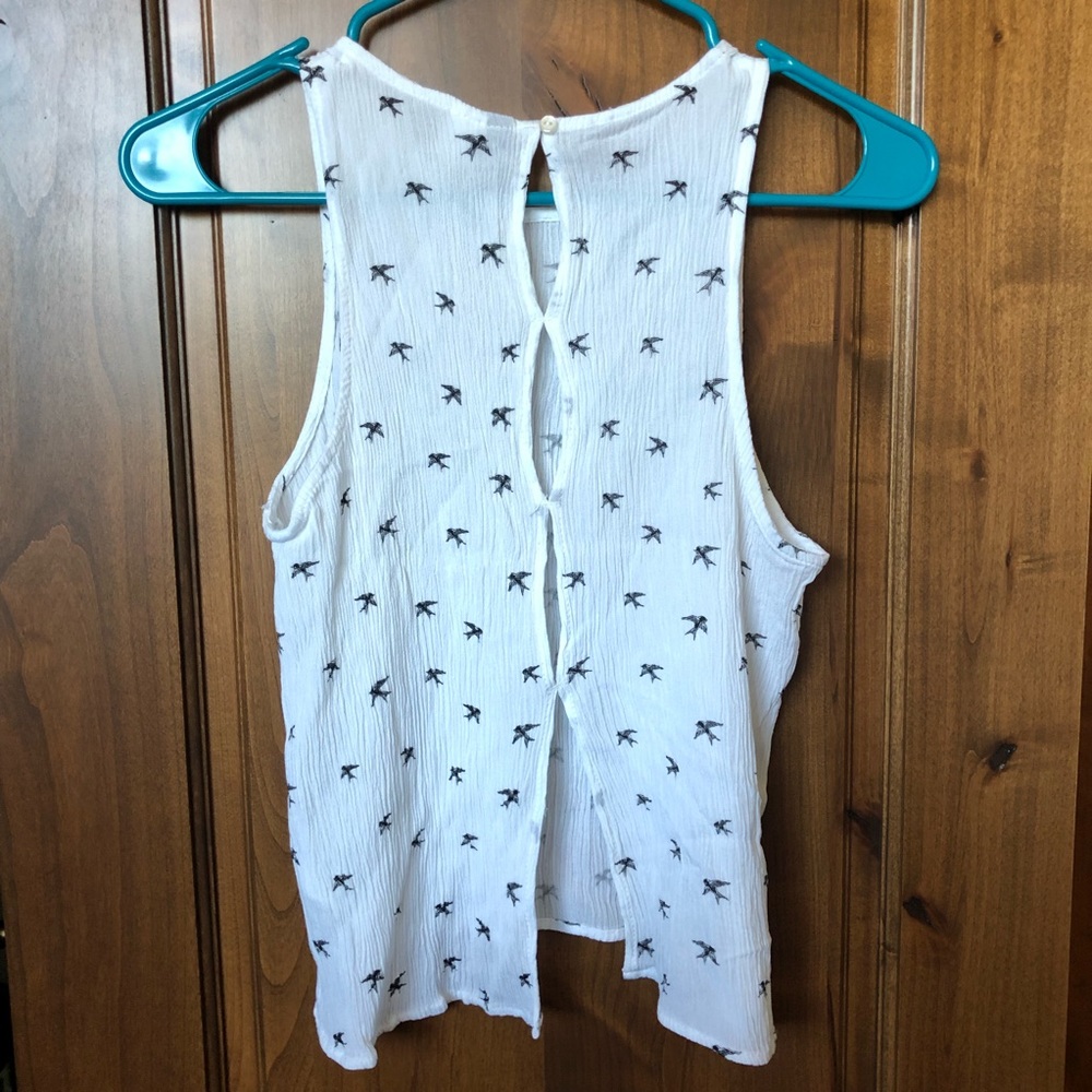 H&M • White Black Bird Top Open Button Back